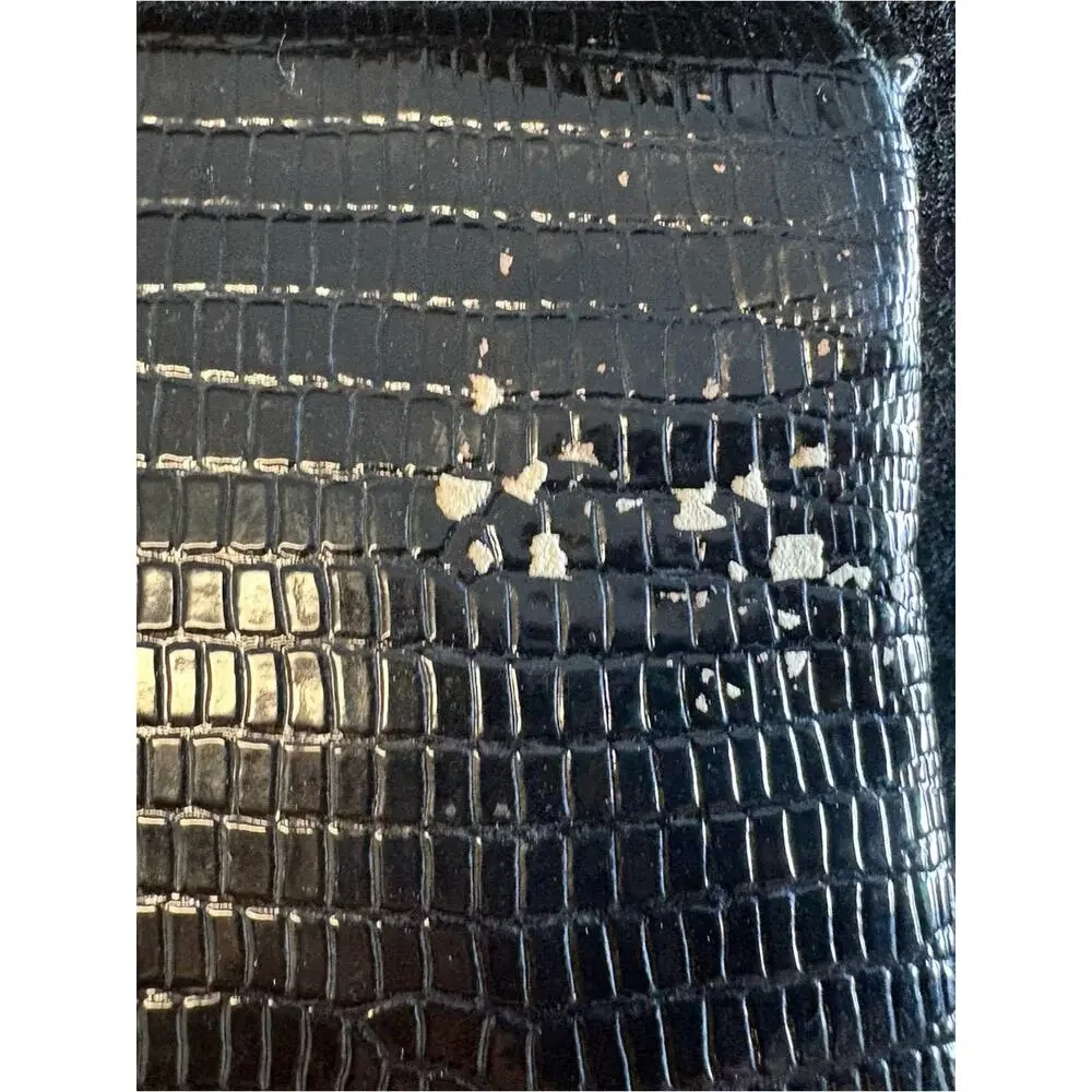 Black Faux Croc Embossed Foldover Clutch Purse Chain Strap Evening Bag